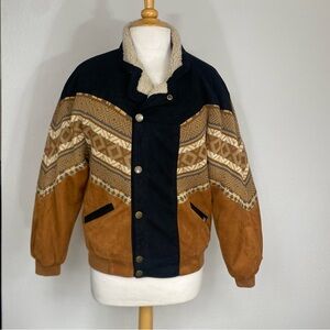 Ghanda Women Cognac Southwest Faux Suede Knit Sherpa Lined Bombet Jacket Size XS